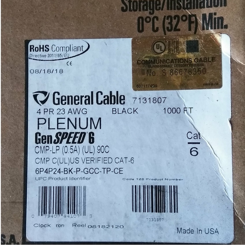 General Cable GenSPEED 6 Cat 6 Plenum Cable Black