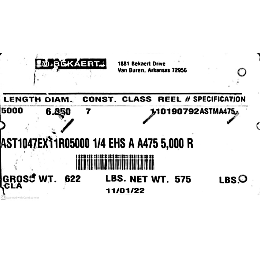 Bekaert 1/4" Strand AST1047EX11R05000 Bekaert 1/4" Strand AST1047EX11R05000